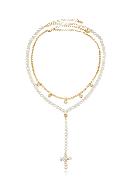 Pearl Cross Drop Lariat Necklace Set - Pearl | Ettika