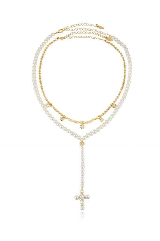 Pearl Cross Drop Lariat Necklace Set - Pearl | Ettika