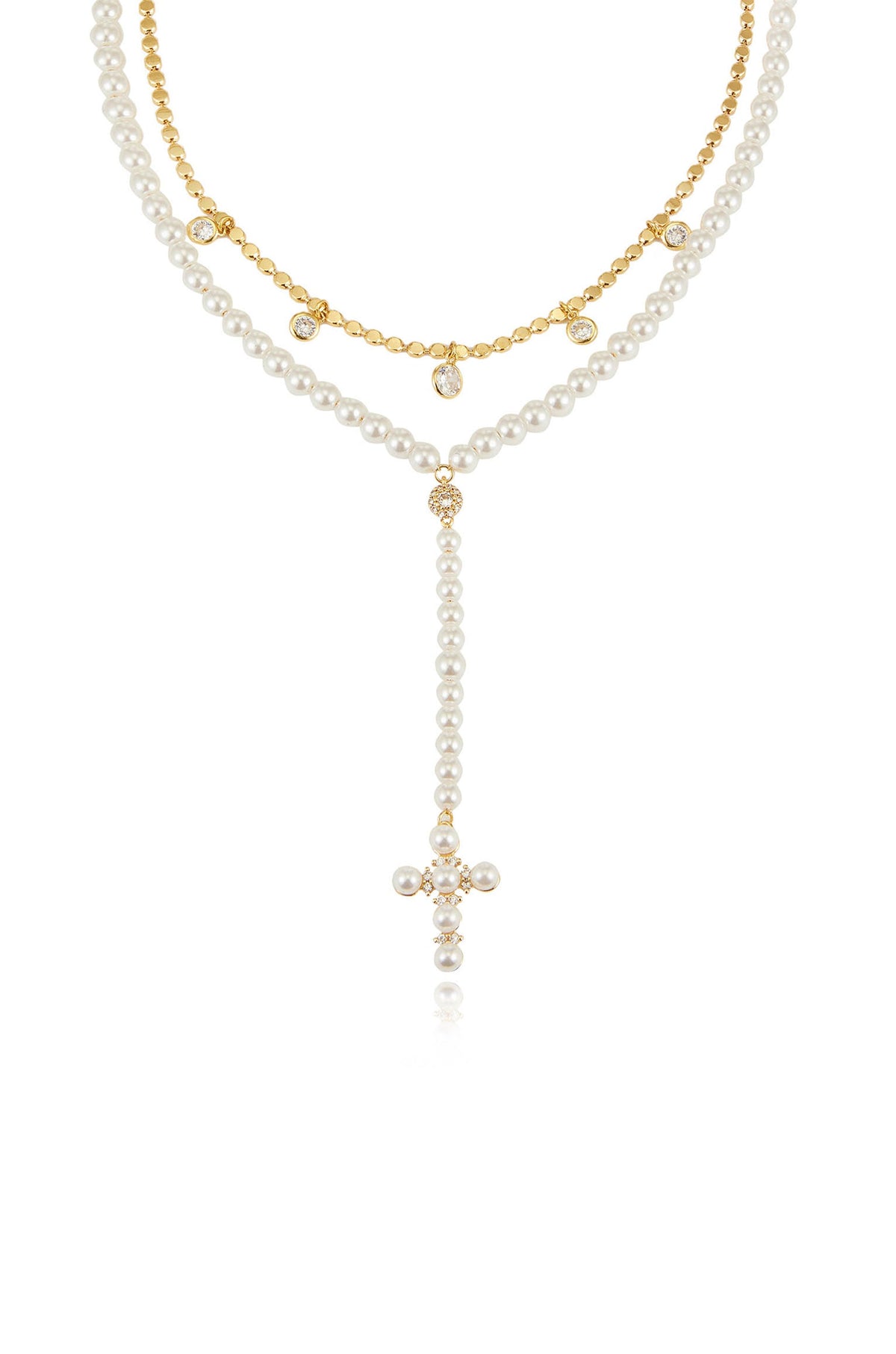 Pearl Cross Drop Lariat Necklace Set - Pearl | Ettika