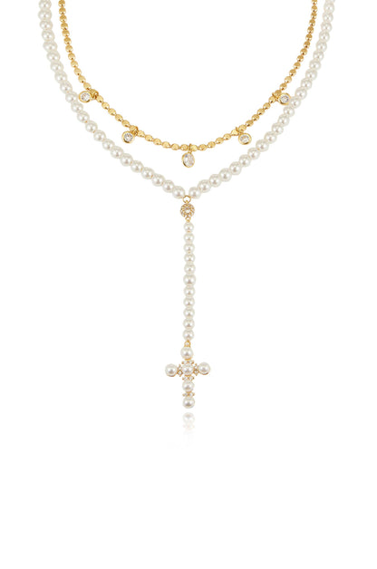 Pearl Cross Drop Lariat Necklace Set - Pearl | Ettika