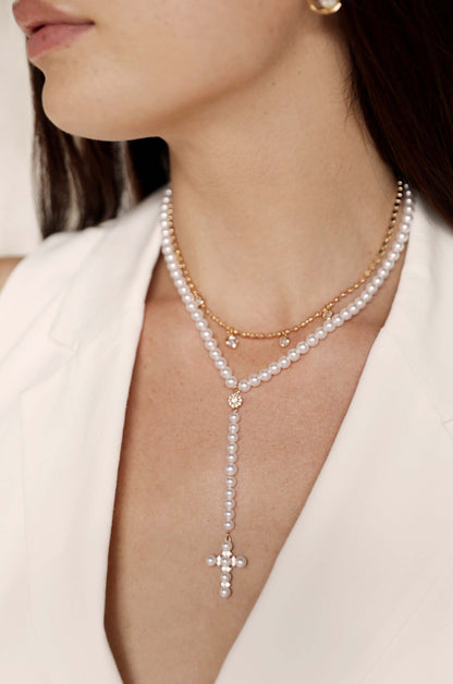 Pearl Cross Drop Lariat Necklace Set - Pearl | Ettika