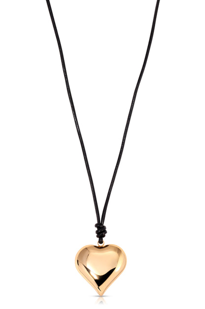 Heart Pendant Adjustable Cord Necklace - Black Leather and 18k Gold Plating | Ettika