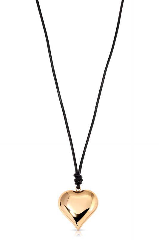 Heart Pendant Adjustable Cord Necklace - Black Leather and 18k Gold Plating | Ettika
