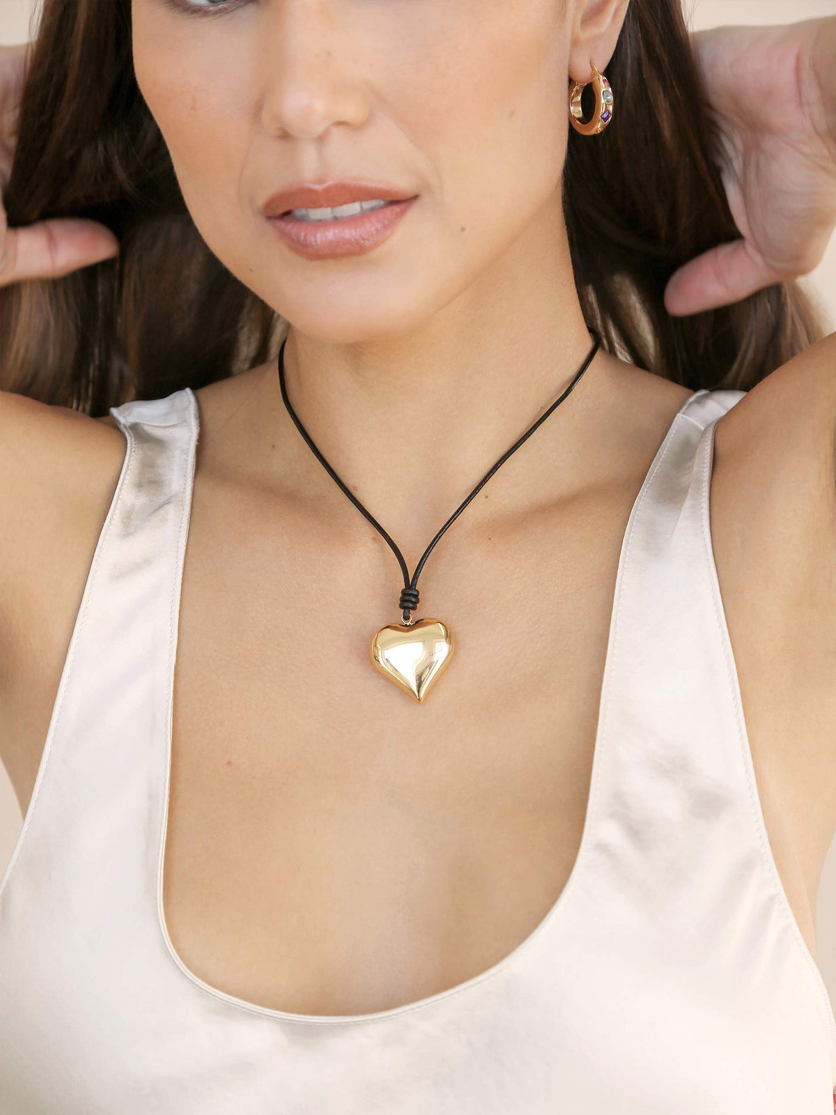 Heart Pendant Adjustable Cord Necklace - Black Leather and 18k Gold Plating | Ettika