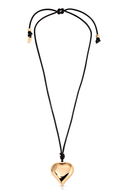 Heart Pendant Adjustable Cord Necklace - Black Leather and 18k Gold Plating | Ettika