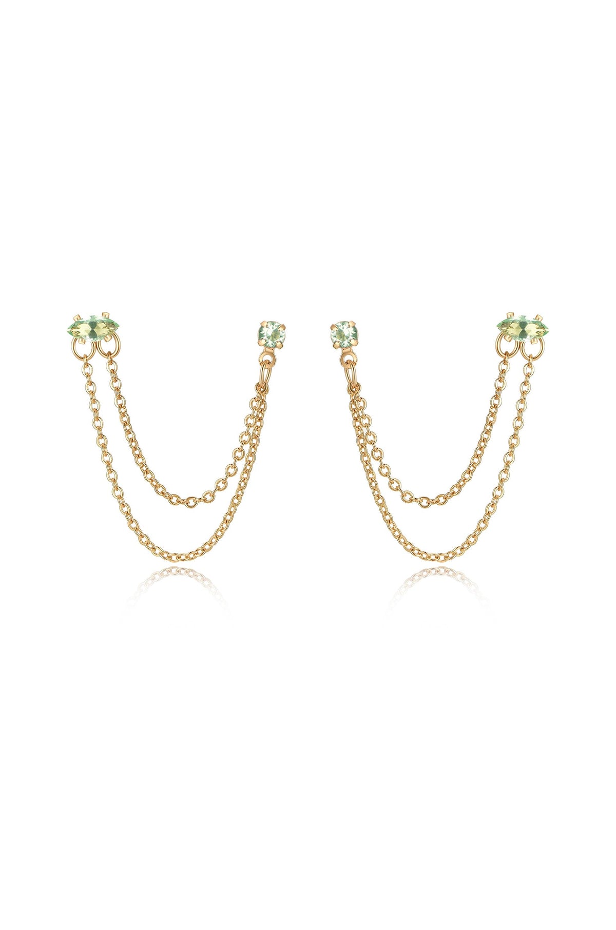 Double Piercing Chain Dangle Earrings - Apple Green Crystal with 18k Gold Plating | Ettika