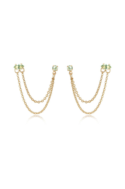 Double Piercing Chain Dangle Earrings - Apple Green Crystal with 18k Gold Plating | Ettika
