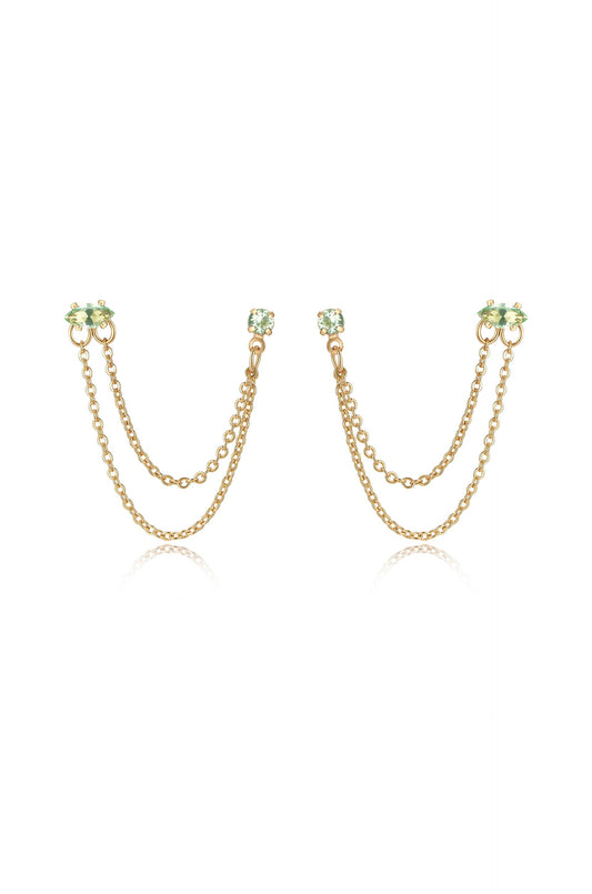 Double Piercing Chain Dangle Earrings - Apple Green Crystal with 18k Gold Plating | Ettika