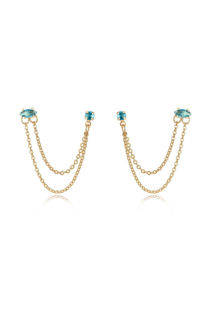 Double Piercing Chain Dangle Earrings - Apple Green Crystal with 18k Gold Plating | Ettika