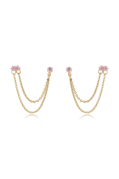 Double Piercing Chain Dangle Earrings - Apple Green Crystal with 18k Gold Plating | Ettika