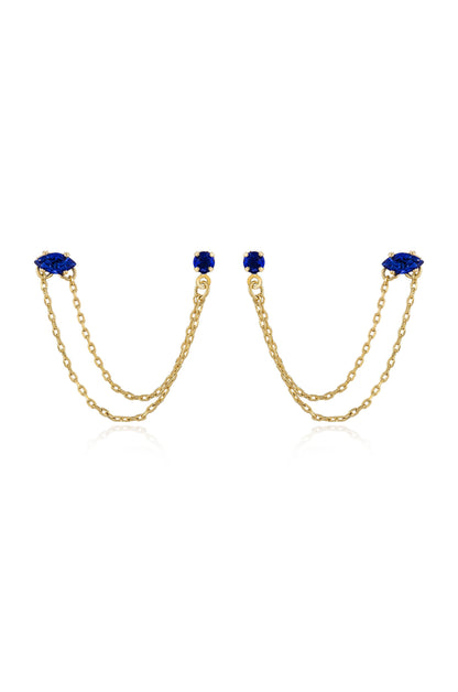Double Piercing Chain Dangle Earrings - Apple Green Crystal with 18k Gold Plating | Ettika