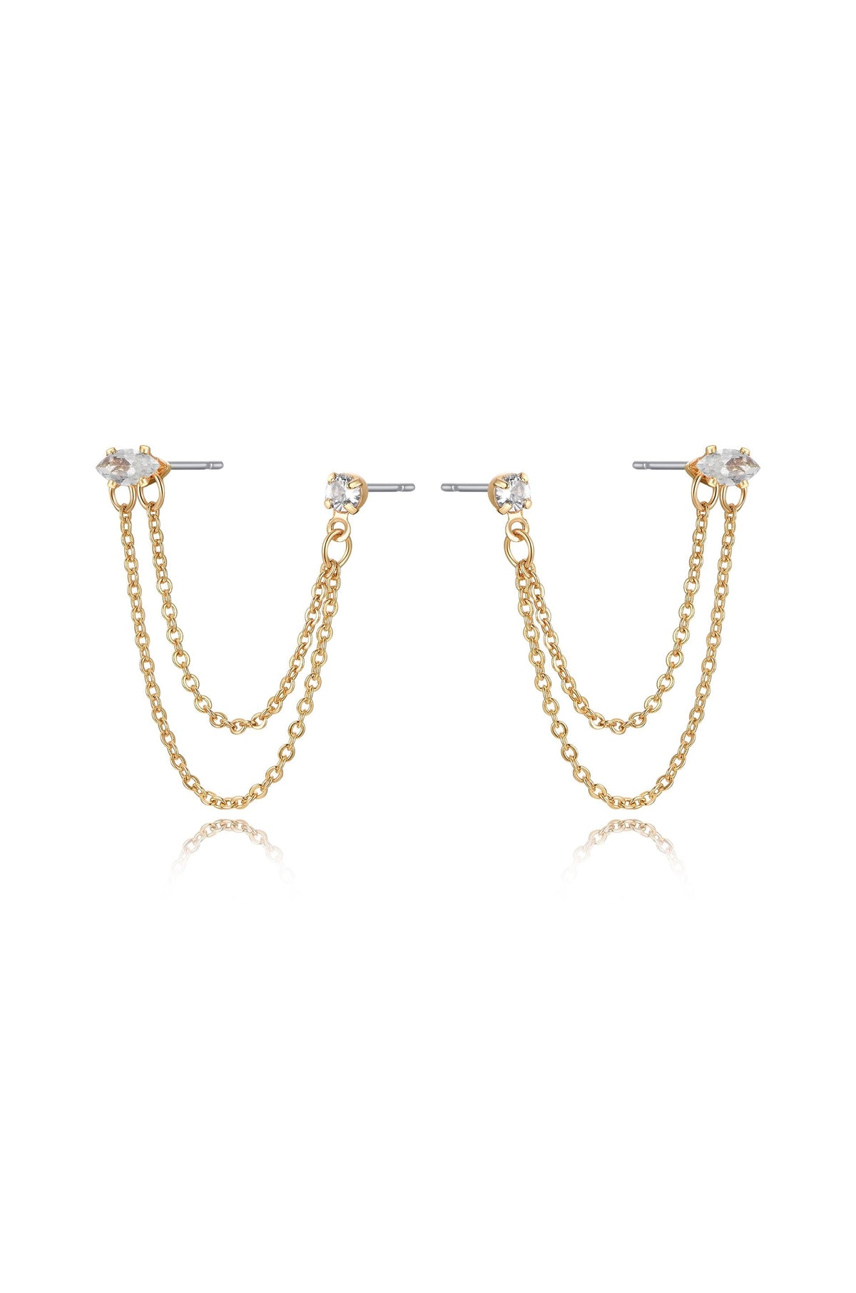 Double Piercing Chain Dangle Earrings - Apple Green Crystal with 18k Gold Plating | Ettika