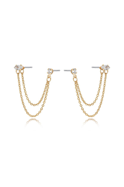 Double Piercing Chain Dangle Earrings - Apple Green Crystal with 18k Gold Plating | Ettika