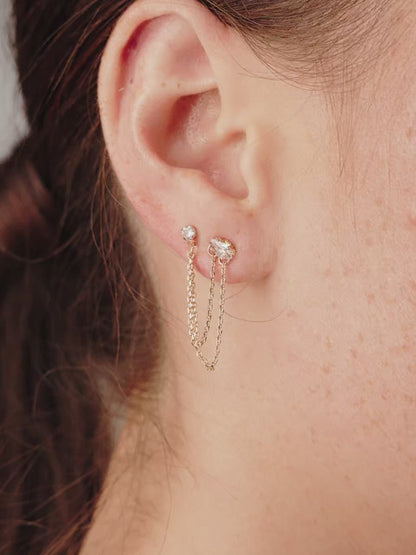 Double Piercing Chain Dangle Earrings - Apple Green Crystal with 18k Gold Plating | Ettika