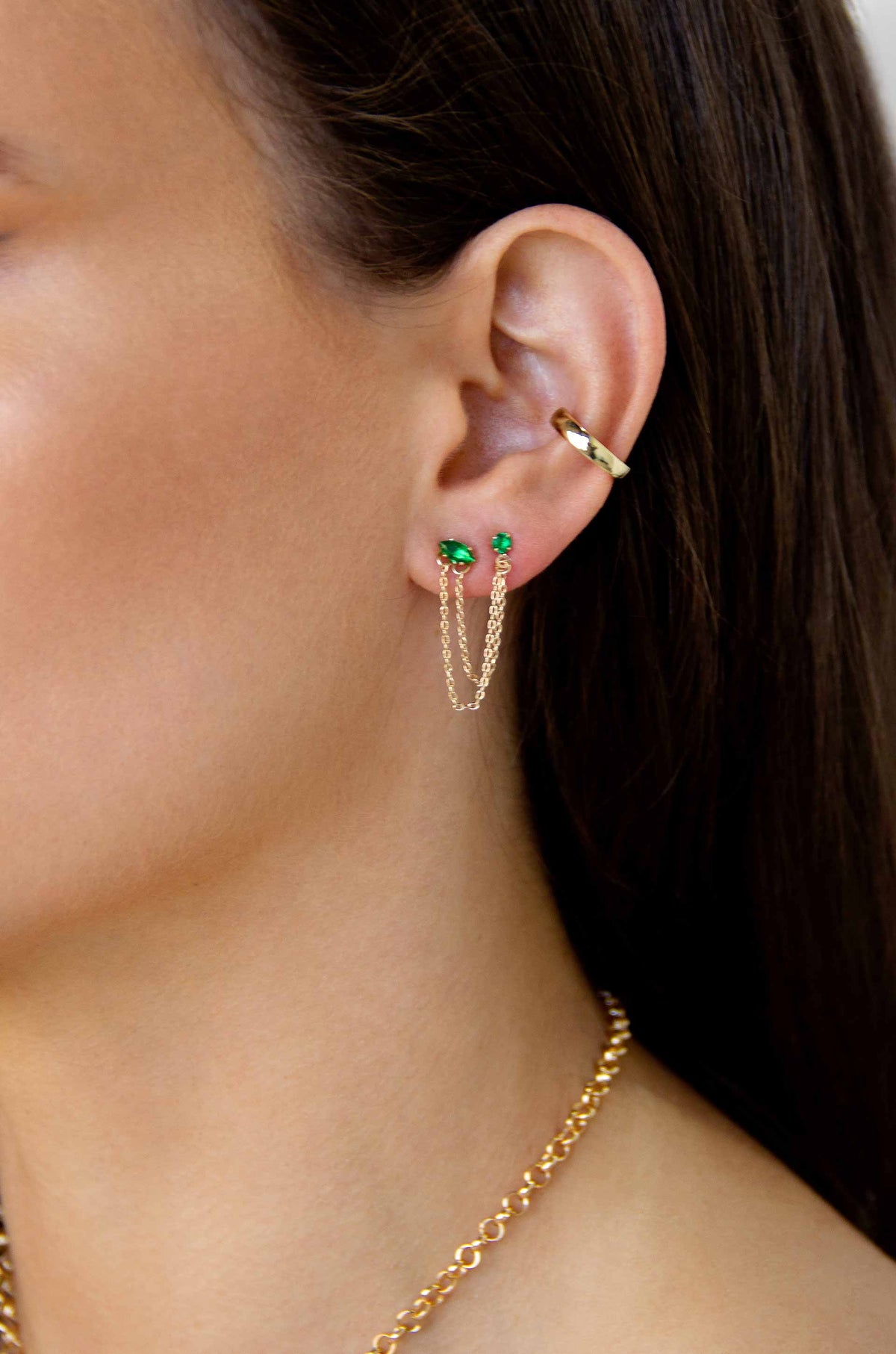 Double Piercing Chain Dangle Earrings - Apple Green Crystal with 18k Gold Plating | Ettika