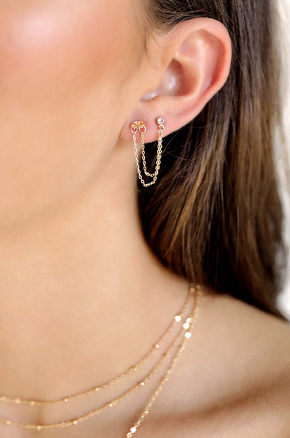 Double Piercing Chain Dangle Earrings - Apple Green Crystal with 18k Gold Plating | Ettika