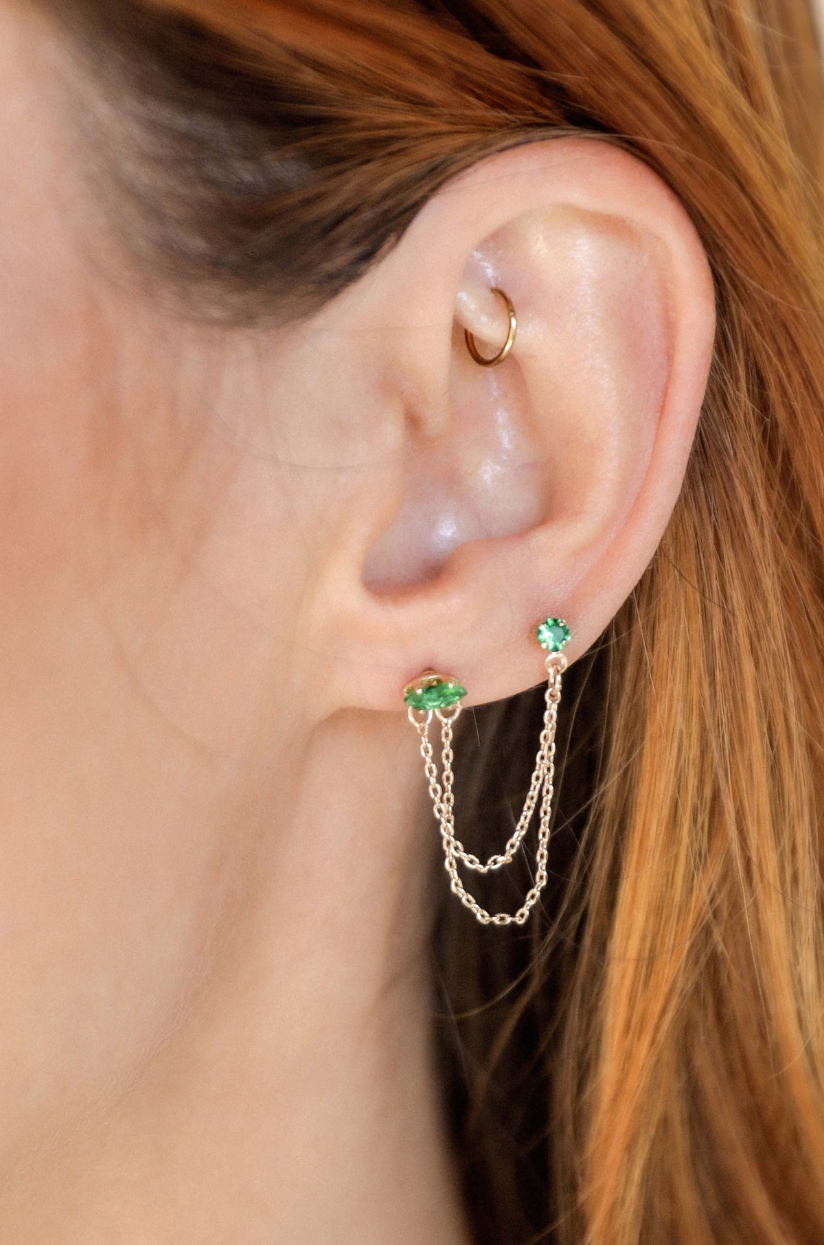 Double Piercing Chain Dangle Earrings - Apple Green Crystal with 18k Gold Plating | Ettika