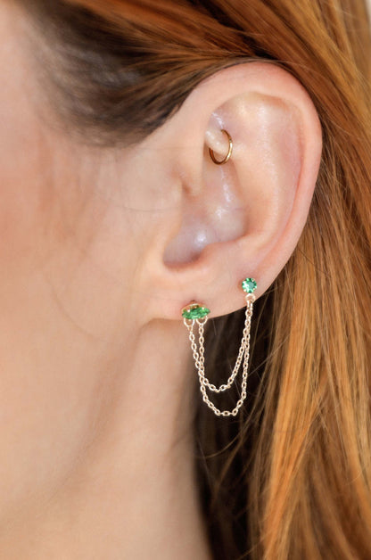 Double Piercing Chain Dangle Earrings - Apple Green Crystal with 18k Gold Plating | Ettika