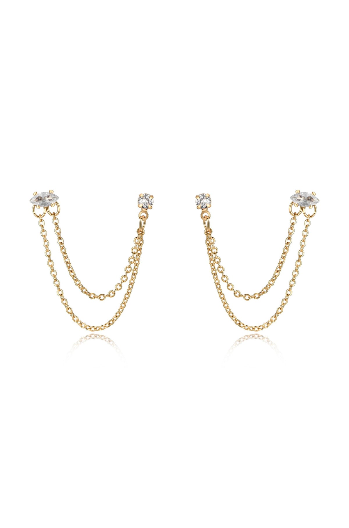 Double Piercing Chain Dangle Earrings - Apple Green Crystal with 18k Gold Plating | Ettika