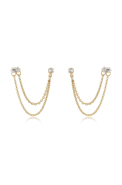 Double Piercing Chain Dangle Earrings - Apple Green Crystal with 18k Gold Plating | Ettika