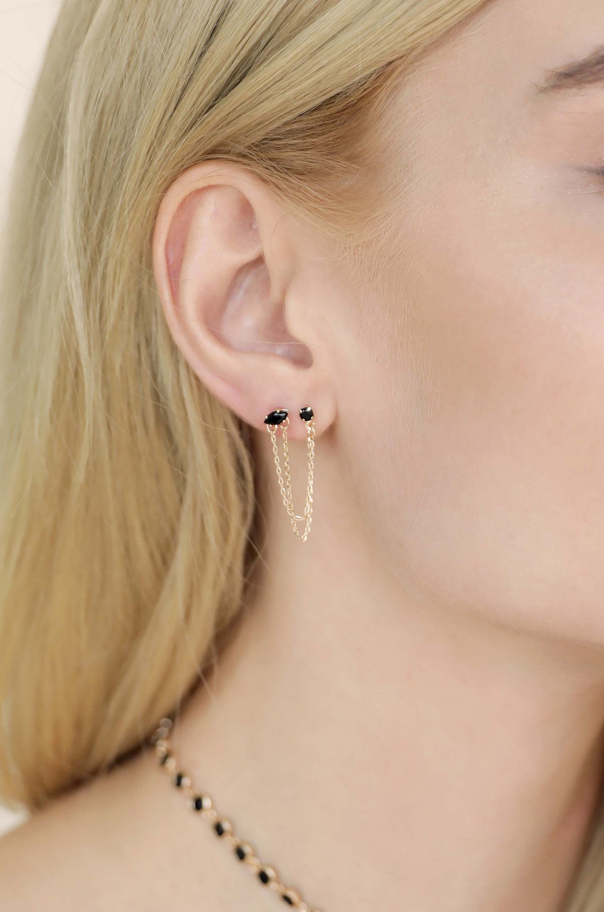 Double Piercing Chain Dangle Earrings - Apple Green Crystal with 18k Gold Plating | Ettika