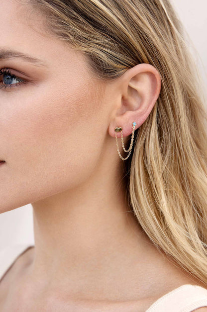 Double Piercing Chain Dangle Earrings - Apple Green Crystal with 18k Gold Plating | Ettika