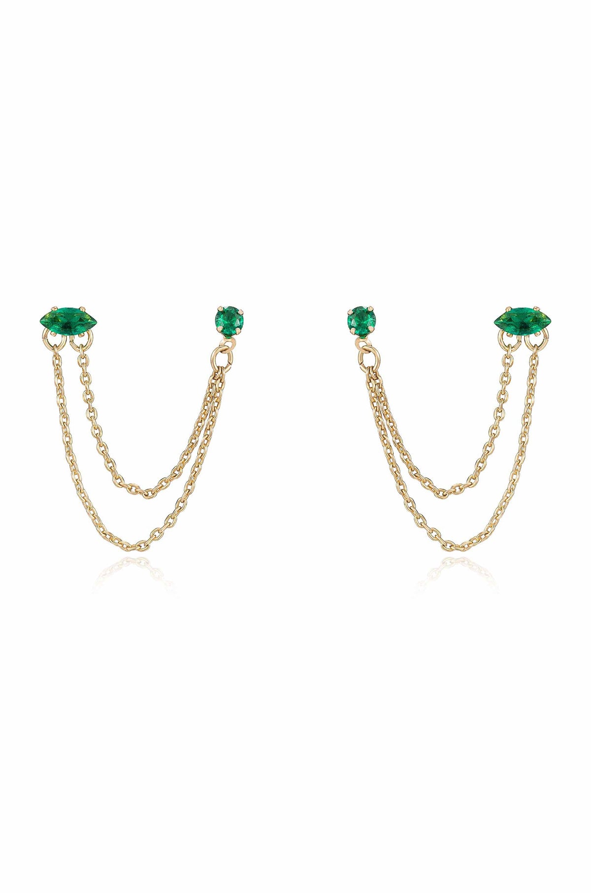 Double Piercing Chain Dangle Earrings - Apple Green Crystal with 18k Gold Plating | Ettika