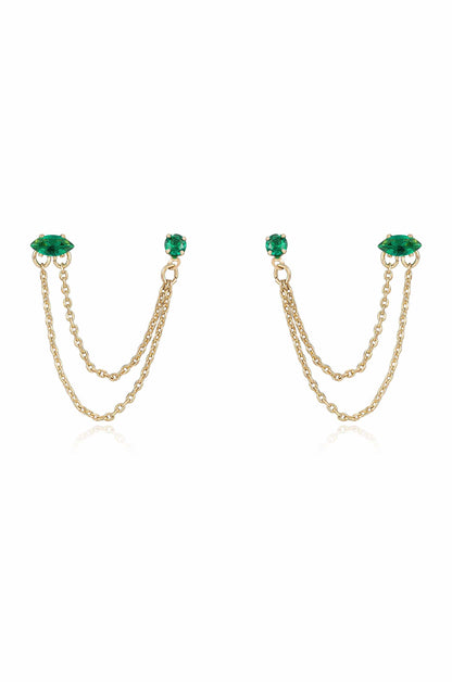Double Piercing Chain Dangle Earrings - Apple Green Crystal with 18k Gold Plating | Ettika