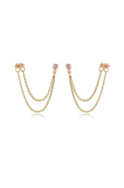 Double Piercing Chain Dangle Earrings - Apple Green Crystal with 18k Gold Plating | Ettika