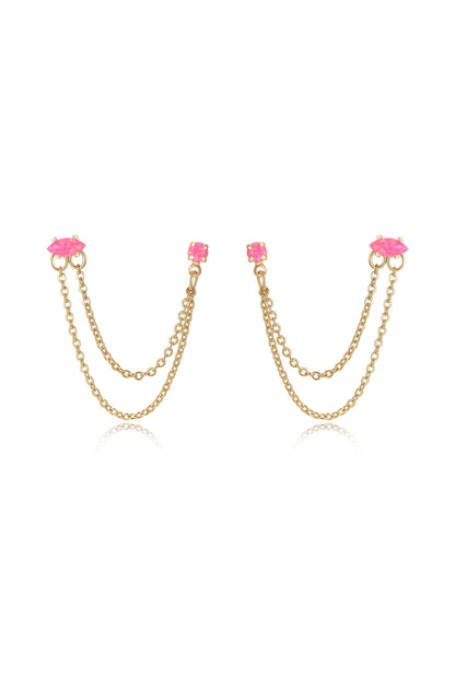 Double Piercing Chain Dangle Earrings - Apple Green Crystal with 18k Gold Plating | Ettika