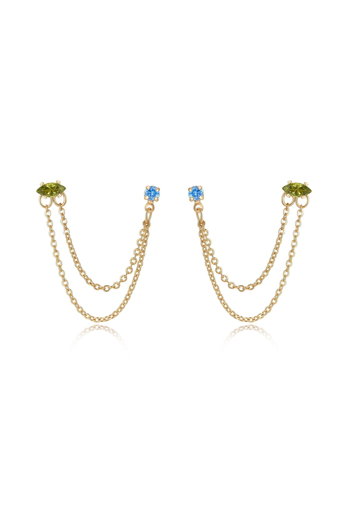 Double Piercing Chain Dangle Earrings - Apple Green Crystal with 18k Gold Plating | Ettika