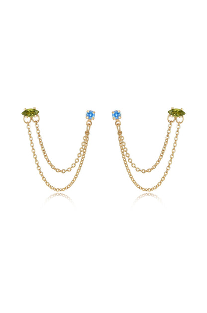 Double Piercing Chain Dangle Earrings - Apple Green Crystal with 18k Gold Plating | Ettika