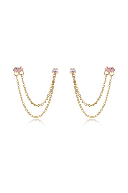 Double Piercing Chain Dangle Earrings - Apple Green Crystal with 18k Gold Plating | Ettika
