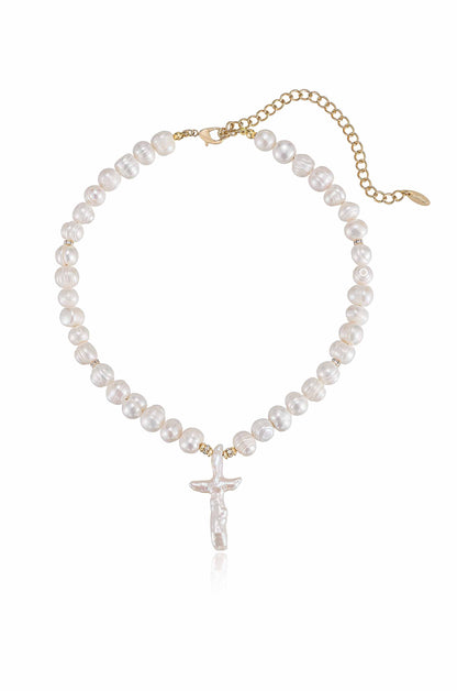 Organic Pearl Cross Necklace - Pearl | Ettika