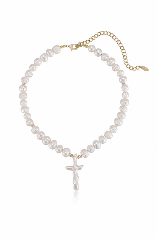 Organic Pearl Cross Necklace - Pearl | Ettika