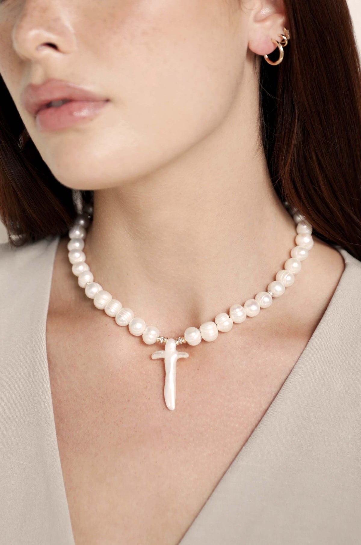 Organic Pearl Cross Necklace - Pearl | Ettika