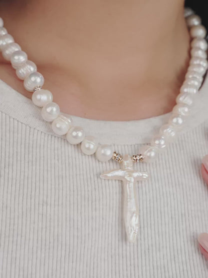 Organic Pearl Cross Necklace - Pearl | Ettika