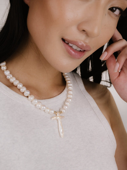 Organic Pearl Cross Necklace - Pearl | Ettika