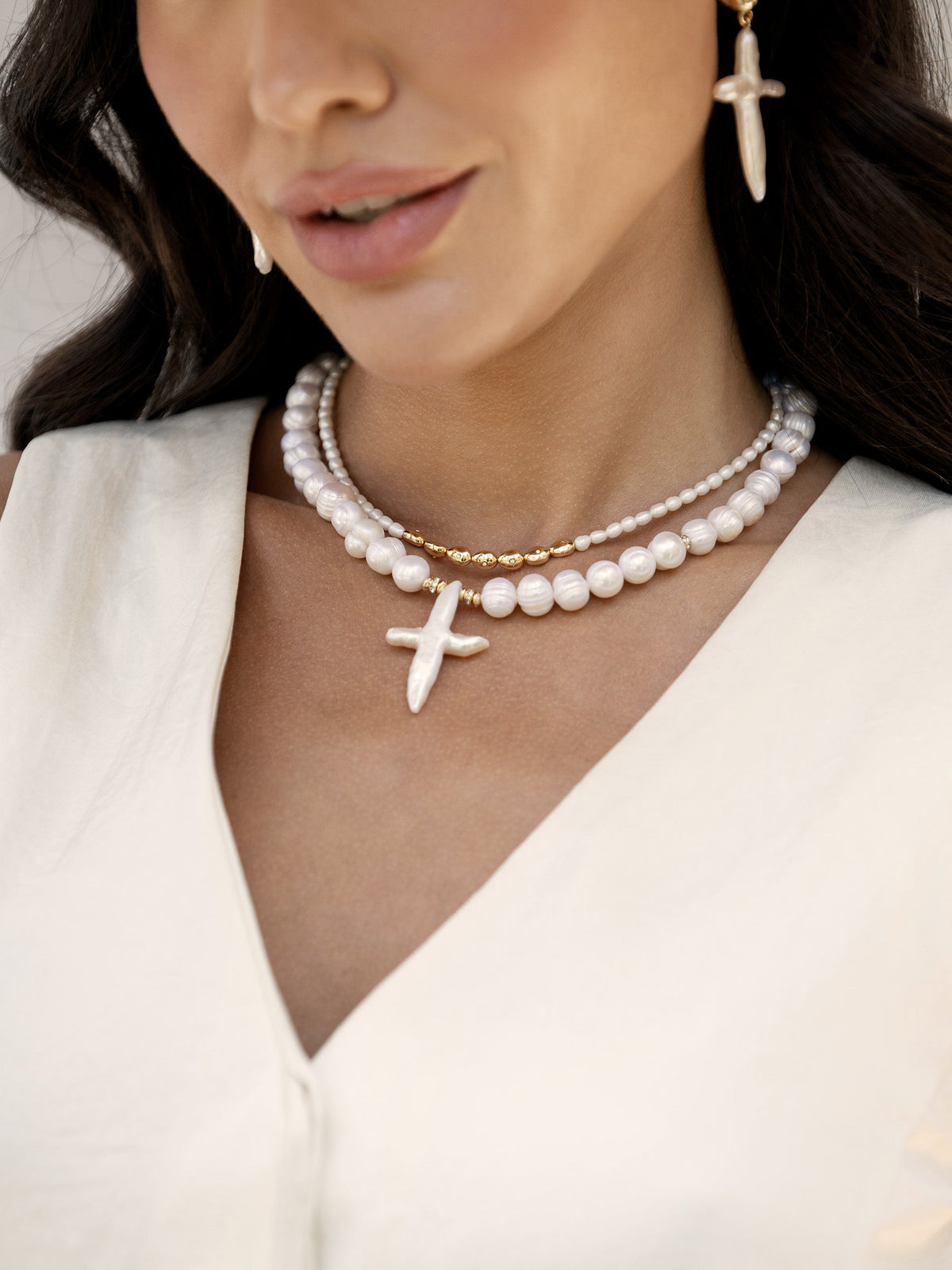 Organic Pearl Cross Necklace - Pearl | Ettika