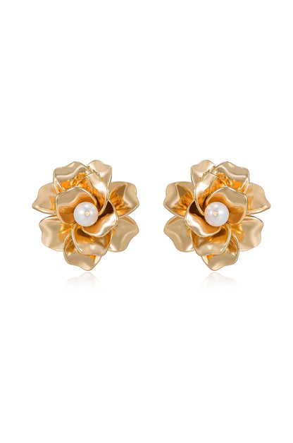 Golden Petals and Pearl Stud Earrings - Pearl with 18k Gold Plating | Ettika