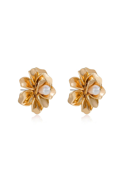 Golden Petals and Pearl Stud Earrings - Pearl with 18k Gold Plating | Ettika
