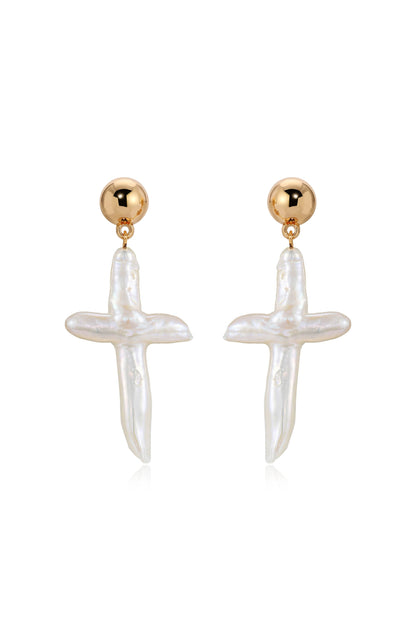 Organic Freshwater Pearl Cross Earrings - Pearl | Ettika