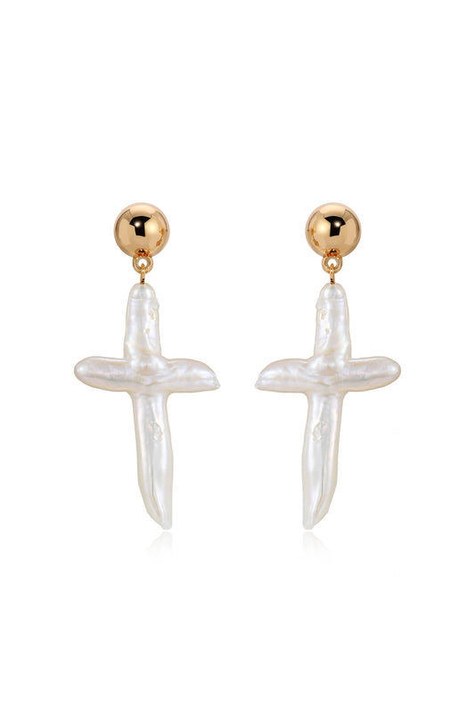Organic Freshwater Pearl Cross Earrings - Pearl | Ettika