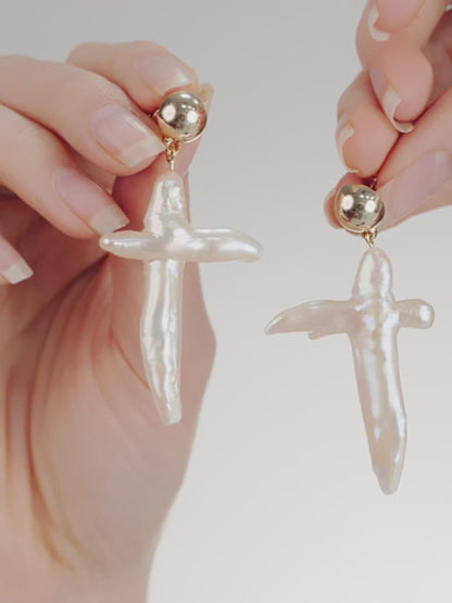 Organic Freshwater Pearl Cross Earrings - Pearl | Ettika