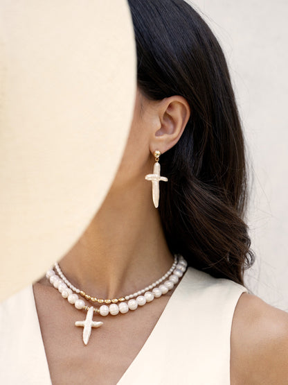 Organic Freshwater Pearl Cross Earrings - Pearl | Ettika
