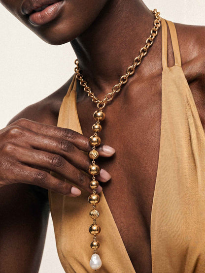 Deep Drop Pearl Lariat Necklace - Pearl with 18k Gold Plating | Ettika