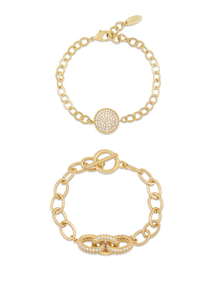 Mixed Crystal Disc & Link Chain Bracelet Set - Clear Crystal with 18k Gold Plating | Ettika