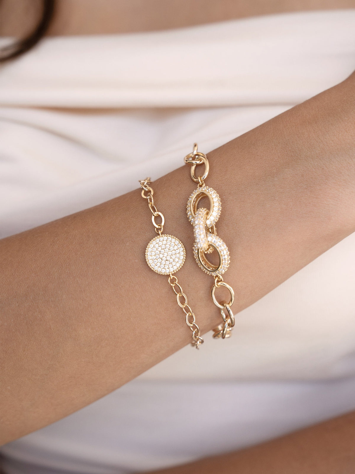 Mixed Crystal Disc & Link Chain Bracelet Set - Clear Crystal with 18k Gold Plating | Ettika