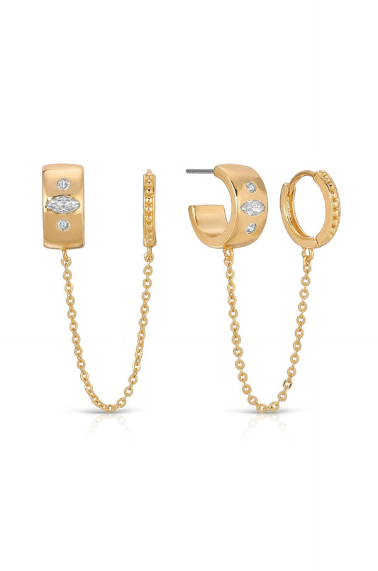 Double Piercing Bezel Crystal Dangle Earrings - 18k Gold Plated | Ettika