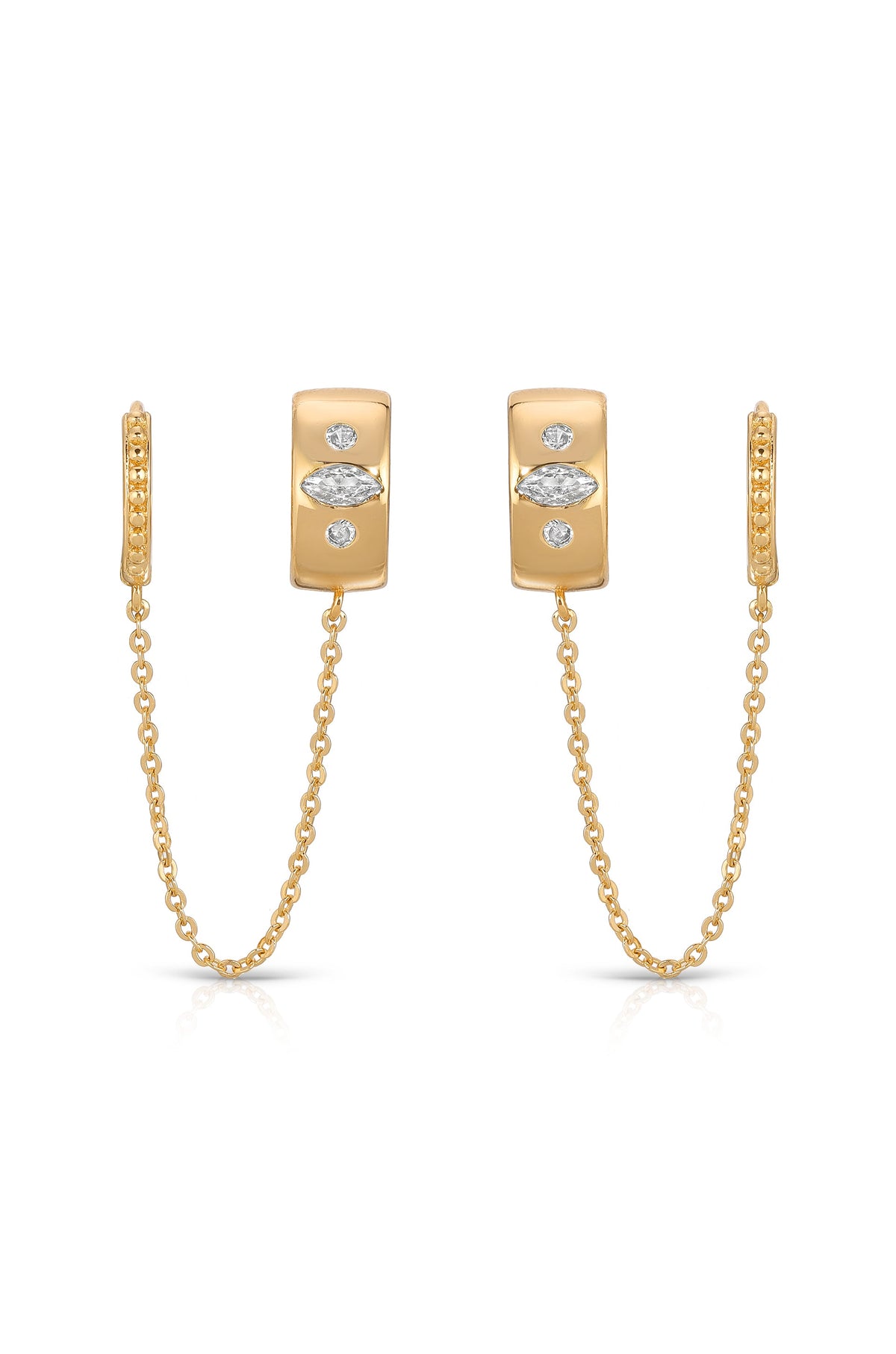 Double Piercing Bezel Crystal Dangle Earrings - 18k Gold Plated | Ettika